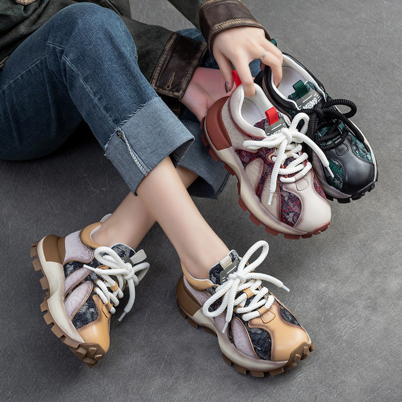 Women Fashion Color Matching Leather Lug Sole Casual Shoes-RAIIFY
