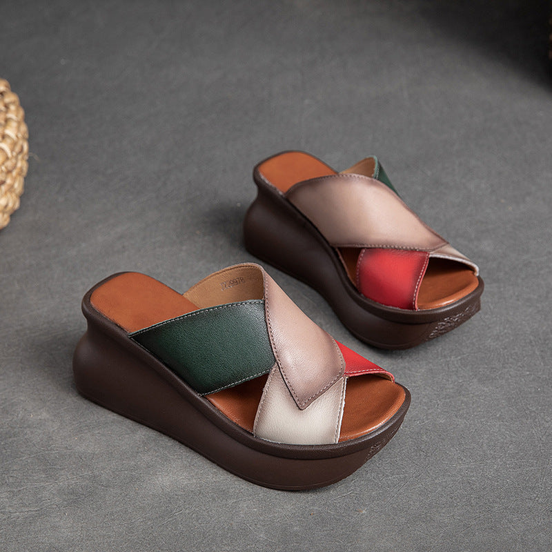 Women Summer Retro Leather Wedge Slide Sandals-RAIIFY
