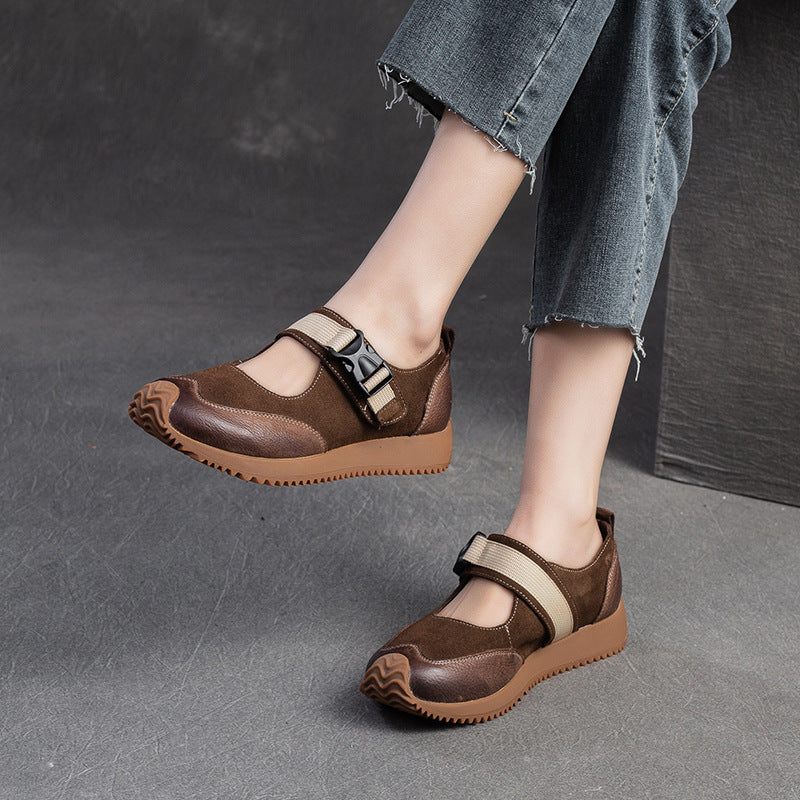 Women Retro Patchwork Leather Flat Casual Shoes-RAIIFY