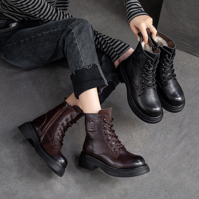 Women Winter Classic Leather Wool Furred Winter Boots-RAIIFY
