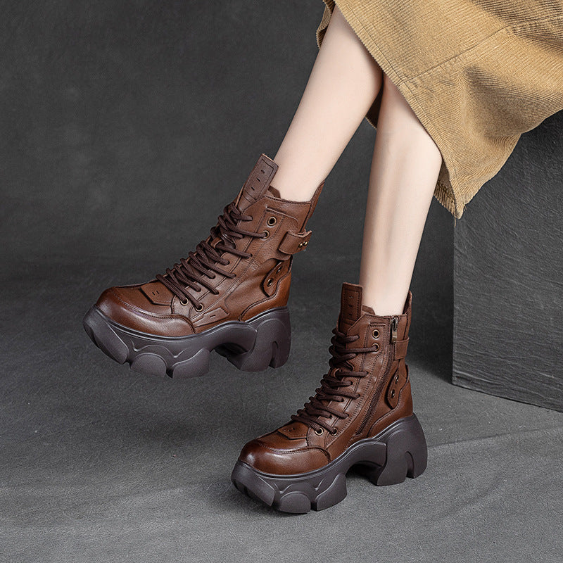 Women Winter Retro Leather Chunky Platform Boots-RAIIFY