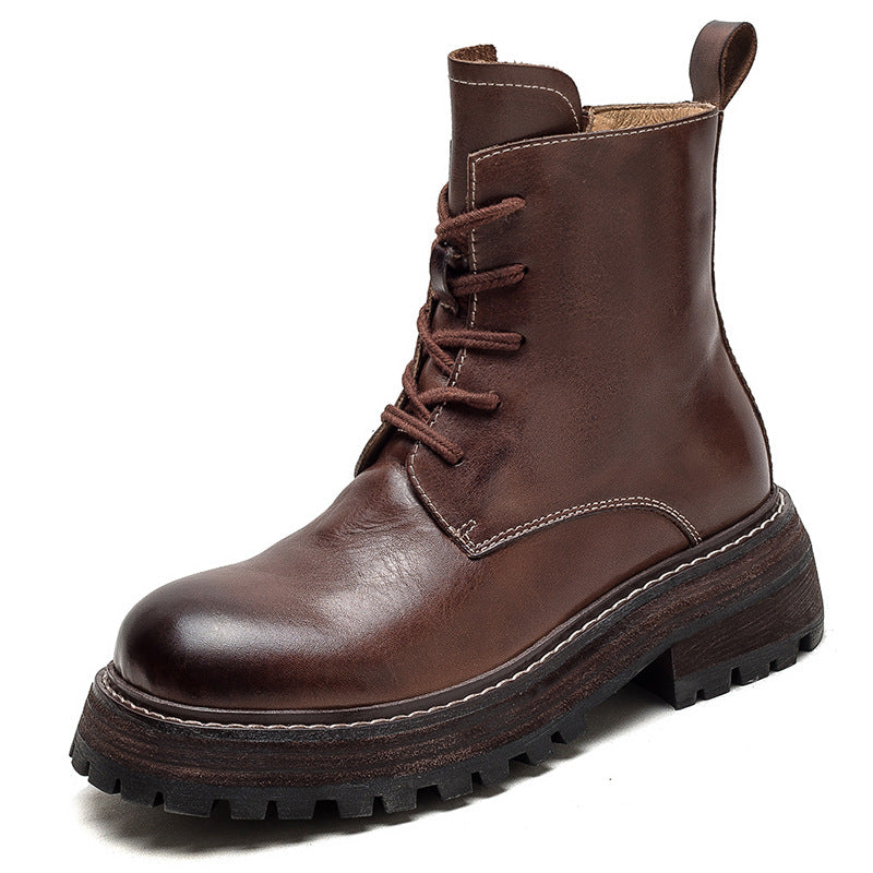 Women Classic Cowhide Patchwork Leather Combat Boots-RAIIFY