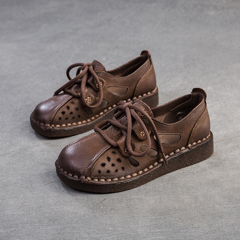 Women Retro Hollow Leather Flat Casual Shoes-RAIIFY