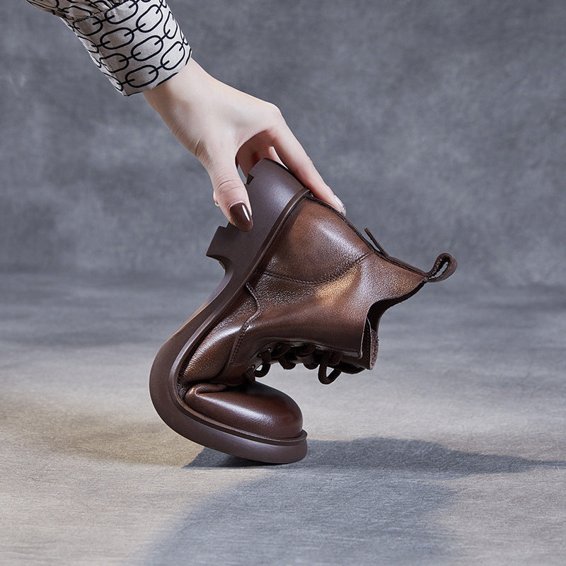 Women Minimalist Retro Leather Lace Up Ankle Boots-RAIIFY