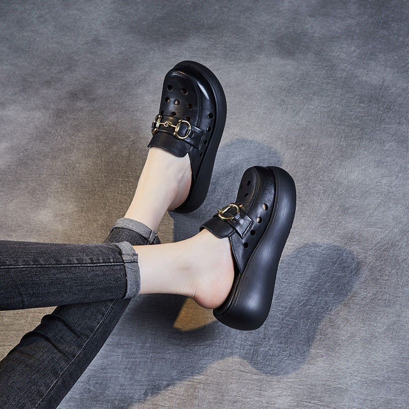 Women Summer Hollow Leather Platform Mules-RAIIFY