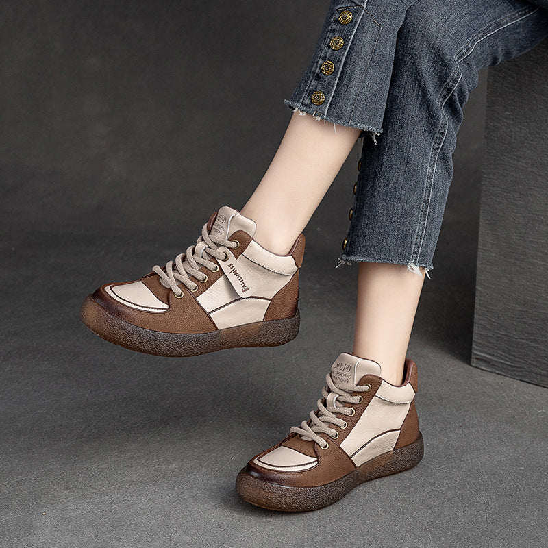 Women Retro Patchwork Leather Flat Casual Boots-RAIIFY