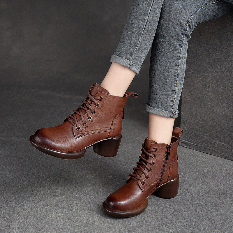 Women Minimalist Leather Casual Chunky Heel Boots-RAIIFY