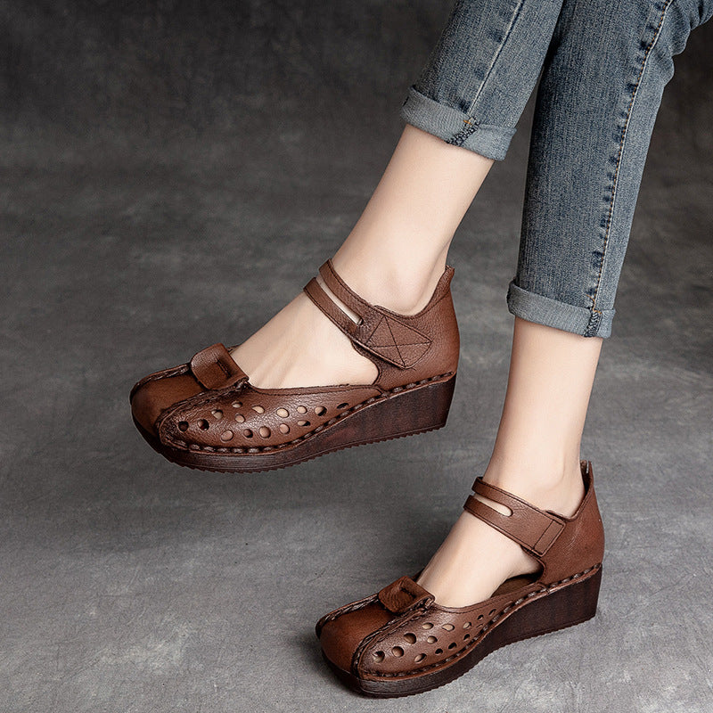 Women Summer Hollow Leather Wedge Casual Sandals-RAIIFY