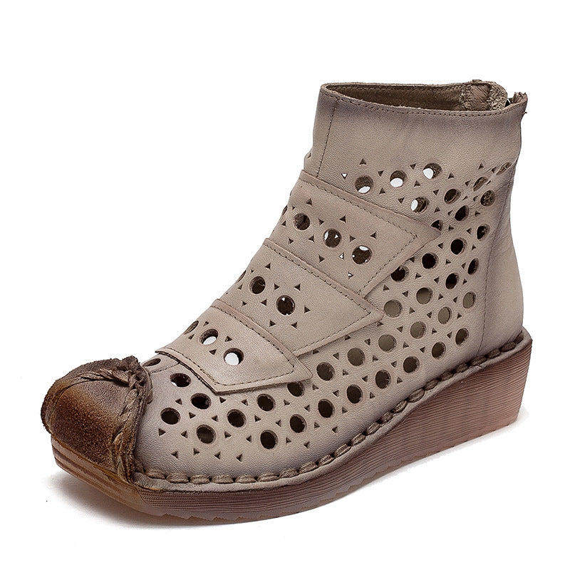 Women Summer Hollow Leather Low Wedge Boots-RAIIFY