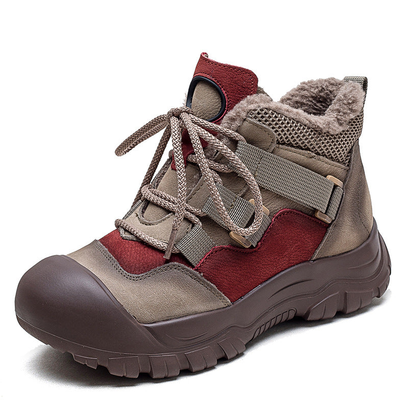 Women Retro Patchwork Leather Winter Furred Ankle Boots-RAIIFY