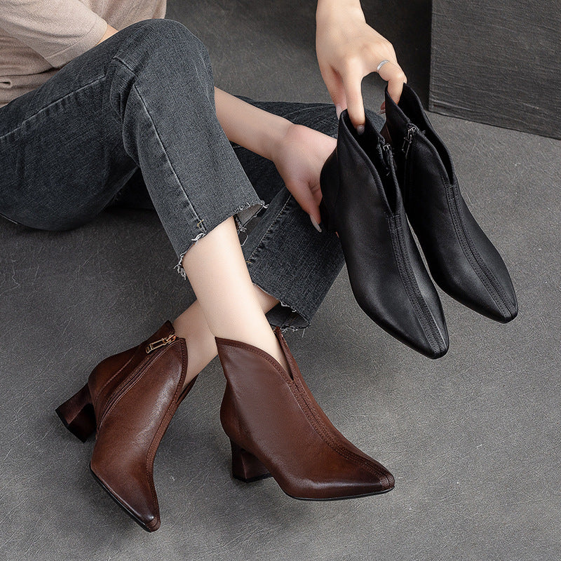 Women Retro Minimalist Leather Chunky Heel Boots-RAIIFY