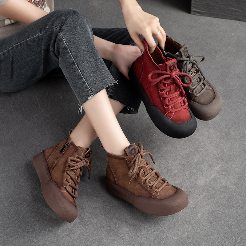 Women Retro Solid Leather Flat Casual Boots-RAIIFY
