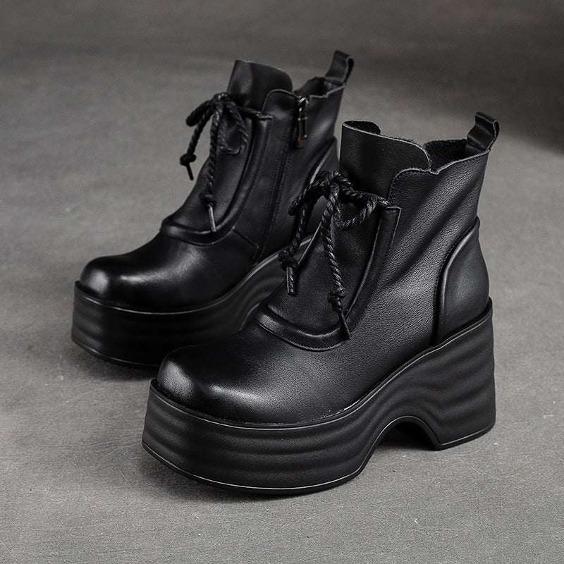 Women Autumn Retro Leather Chunky Platform Boots-RAIIFY