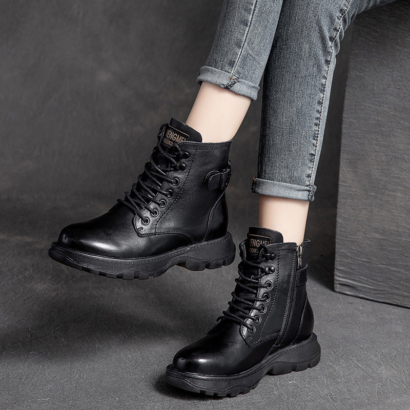 Women Retro Leather Flat Thick Soled Casual Boots-RAIIFY