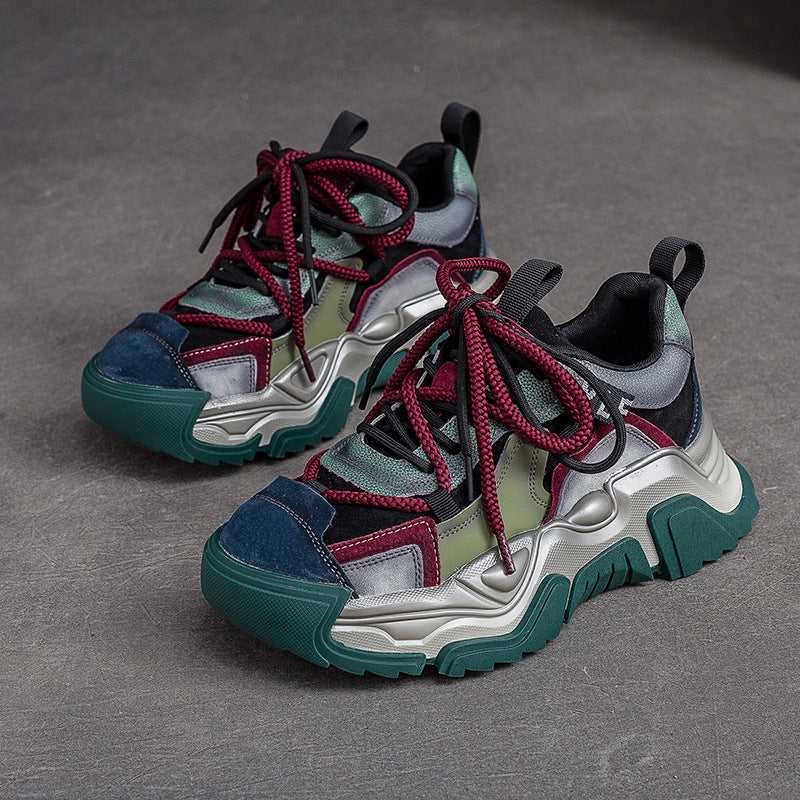 Women Retro Patchwork Leather Platform Dad Sneakers-RAIIFY