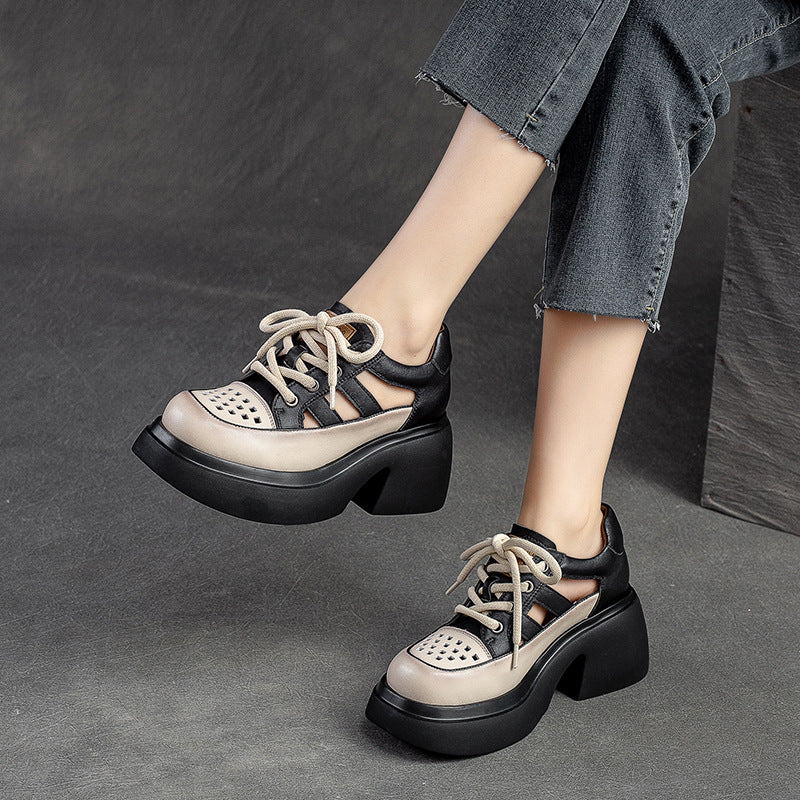 Women Summer Hollow Leather Chunky Heel Sandals-RAIIFY