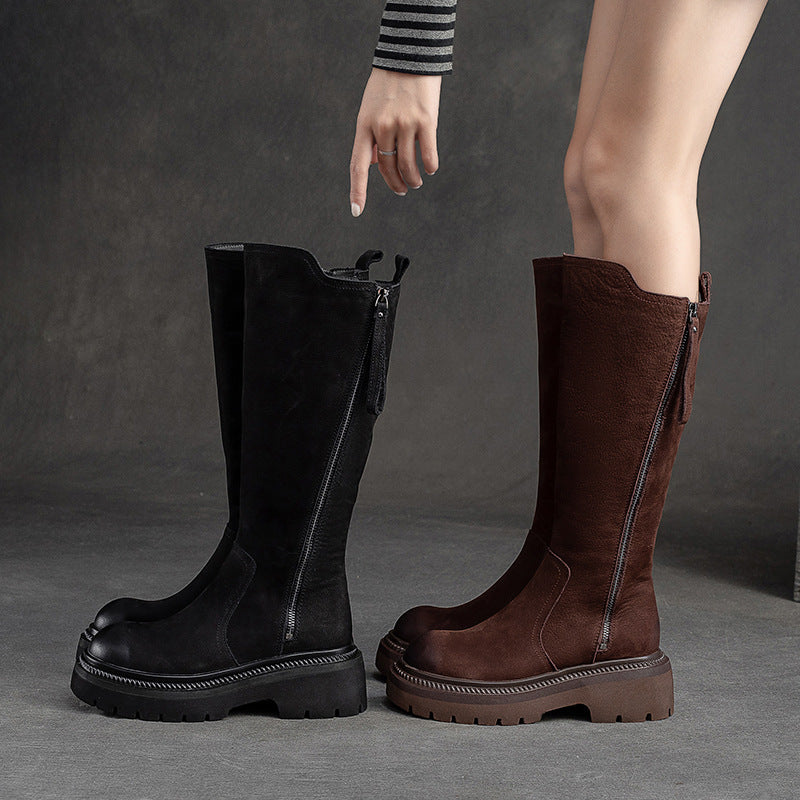 Women Retro Leather Minimalist Winter Riding Boots-RAIIFY