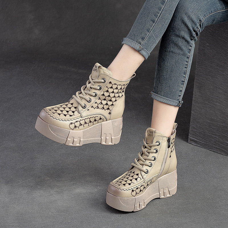 Women Retro Hollow Leather Chunky Platform Boots-RAIIFY