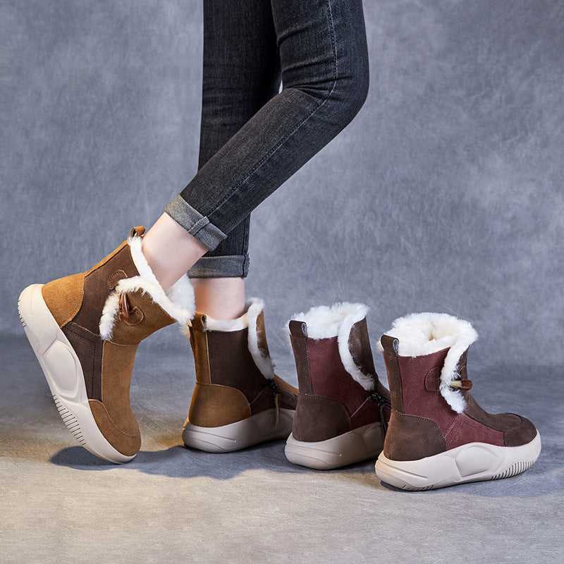 Women Retro Leather Casual Furred Snow Boots-RAIIFY