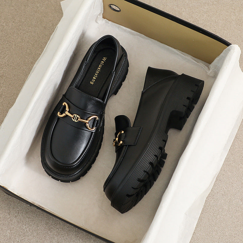 Women Classic Soft Leather Thick Soled Chain Loafers-RAIIFY