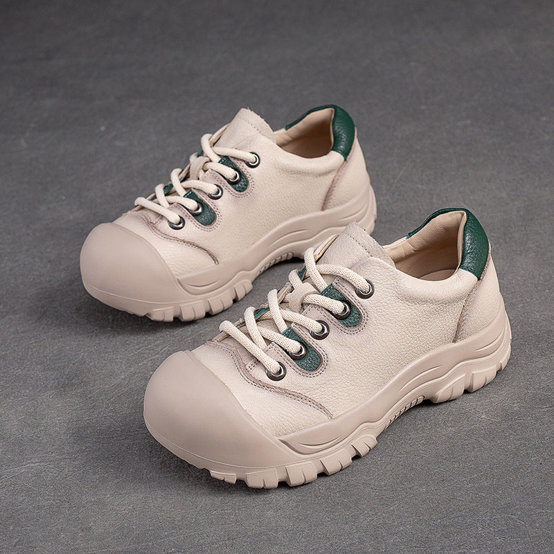 Women Retro Minimalist Leather Round Head Casual Shoes-RAIIFY