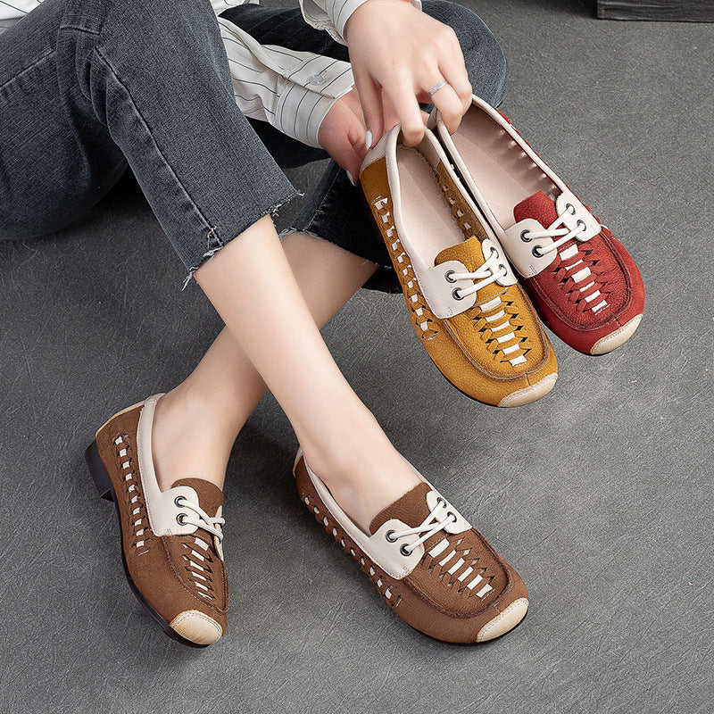Women Hollow Breathable Leather Soft Flats-RAIIFY