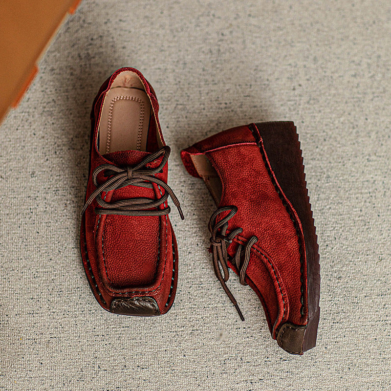 Women Retro Leather Square Head Low Wedge Shoes-RAIIFY