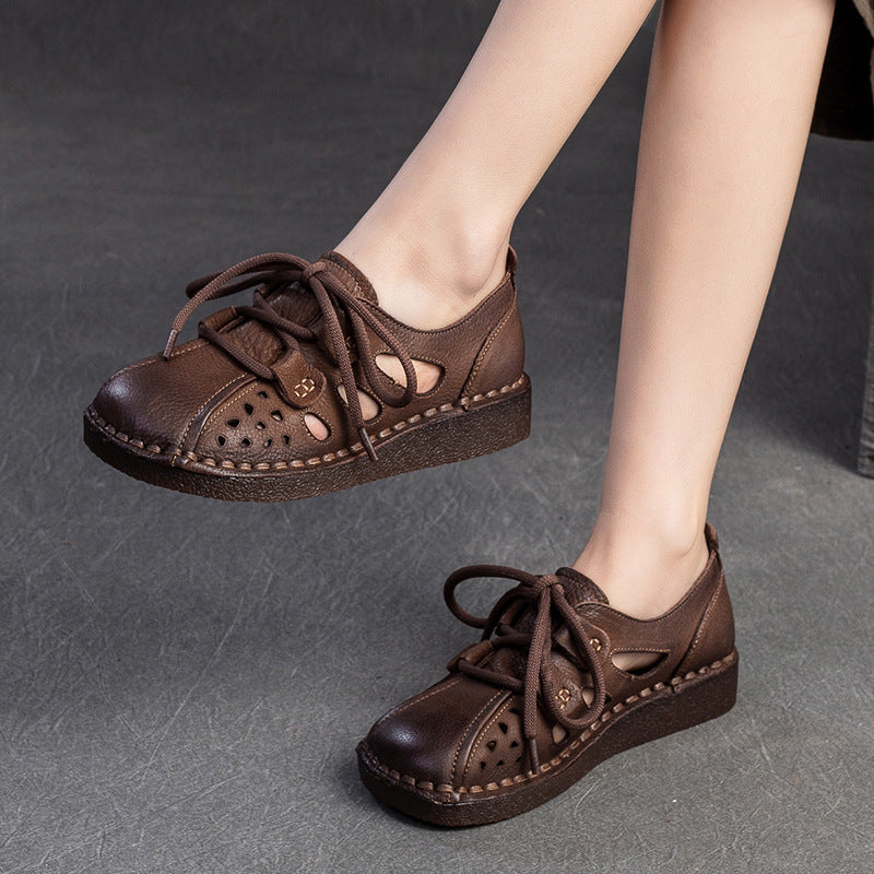 Women Retro Hollow Leather Flat Casual Shoes-RAIIFY