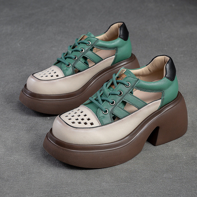 Women Summer Hollow Leather Chunky Heel Sandals-RAIIFY