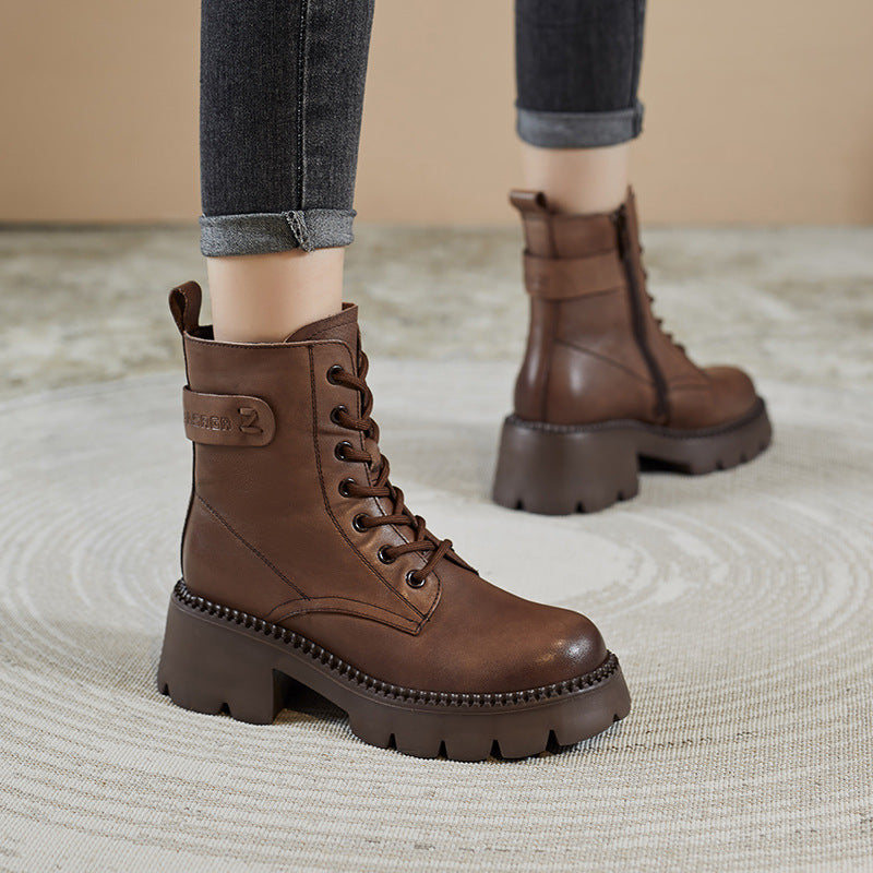 Women Retro Soft Leather Chunky Heel Boots-RAIIFY