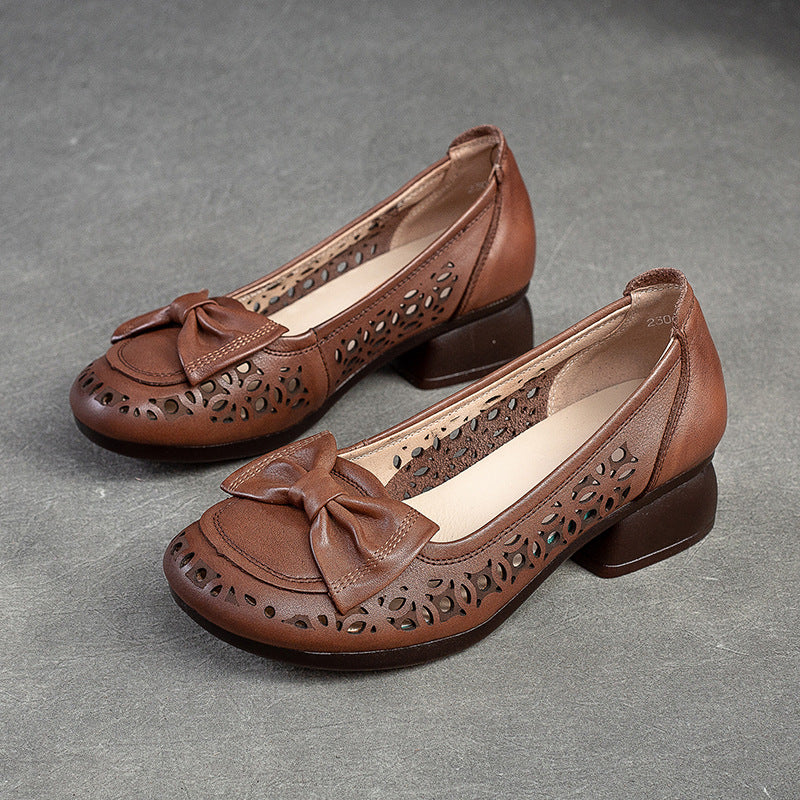 Women Summer Hollow Leather Low Chunky Heel Pumps-RAIIFY