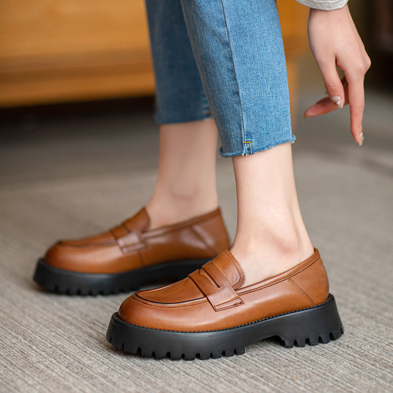 Women Retro Minimalist Thick Soled Leather Loafers-RAIIFY