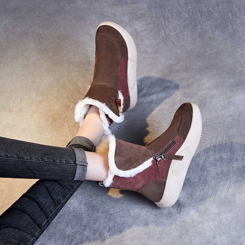 Women Retro Leather Casual Furred Snow Boots-RAIIFY