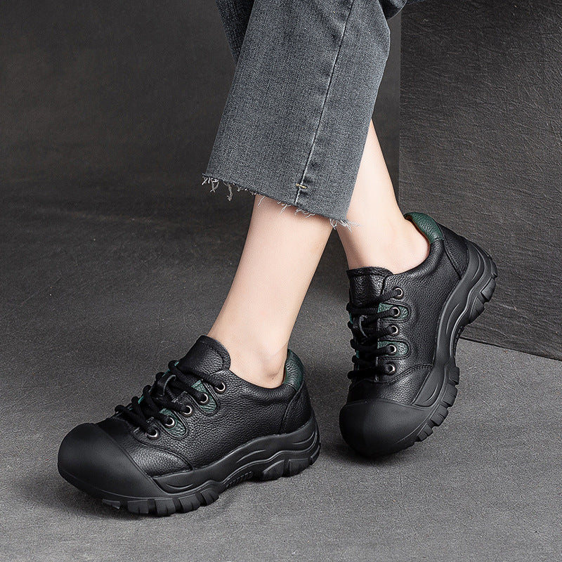 Women Retro Minimalist Leather Round Head Casual Shoes-RAIIFY