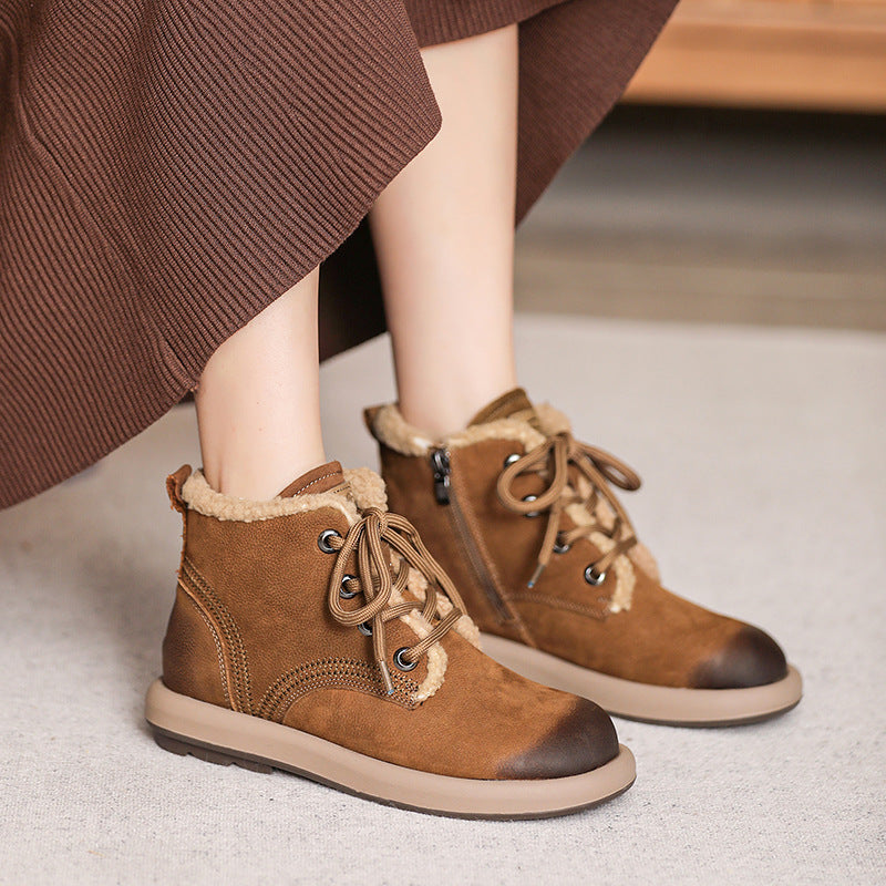Women Winter Retro Nubuck Leather Flat Winter Boots-RAIIFY