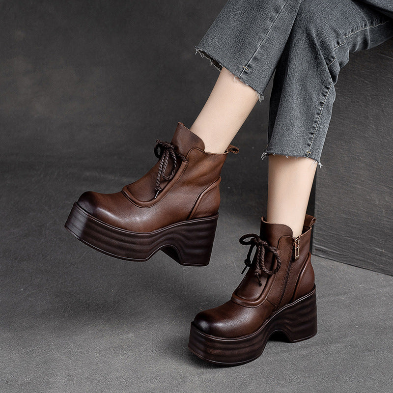 Women Autumn Retro Leather Chunky Platform Boots-RAIIFY