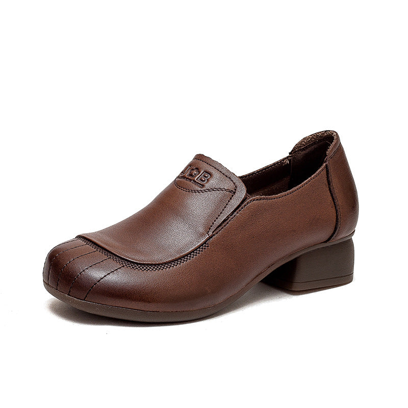 Women Retro Leather Chunky Heel Casual Shoes-RAIIFY