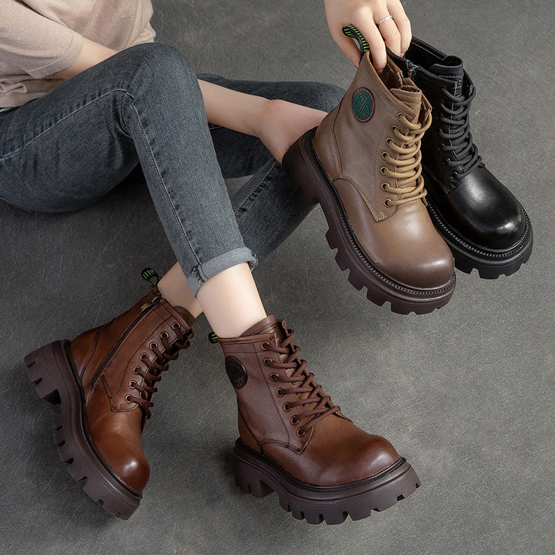 Women Casual Fashion Thick Soled Leather Boots-RAIIFY
