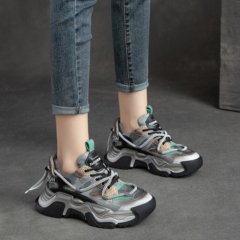 Women Casual Leather Chunky Dad Sneakers-RAIIFY