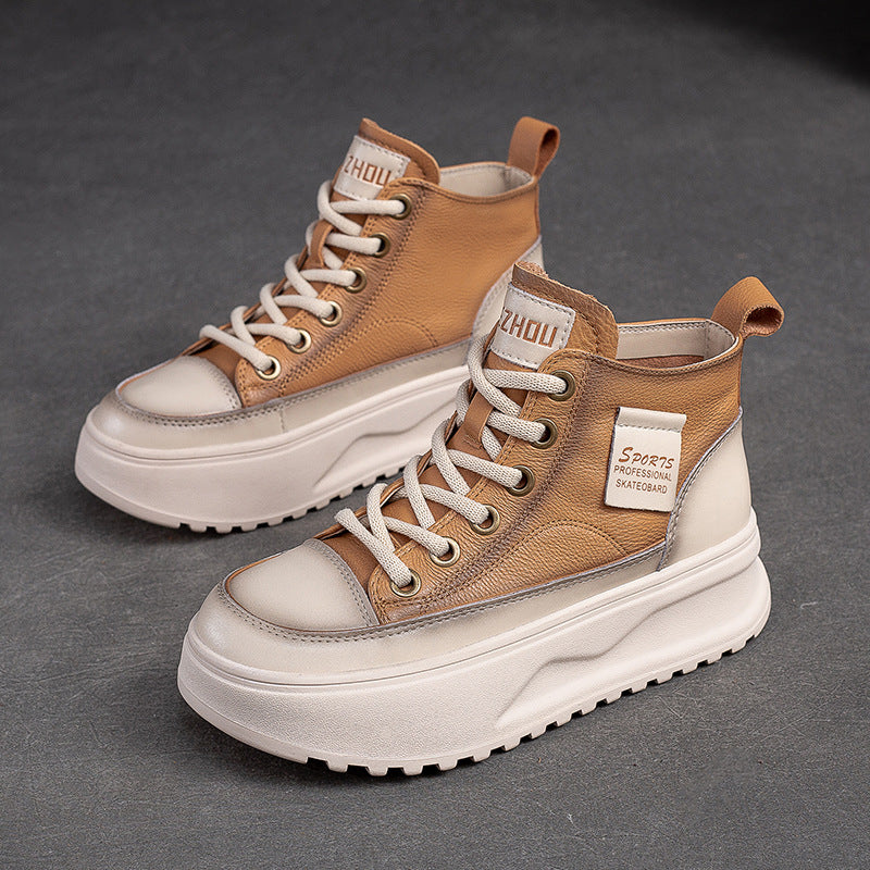 Women Fashion Leather Thick Soled High Top Skate Shoes-RAIIFY