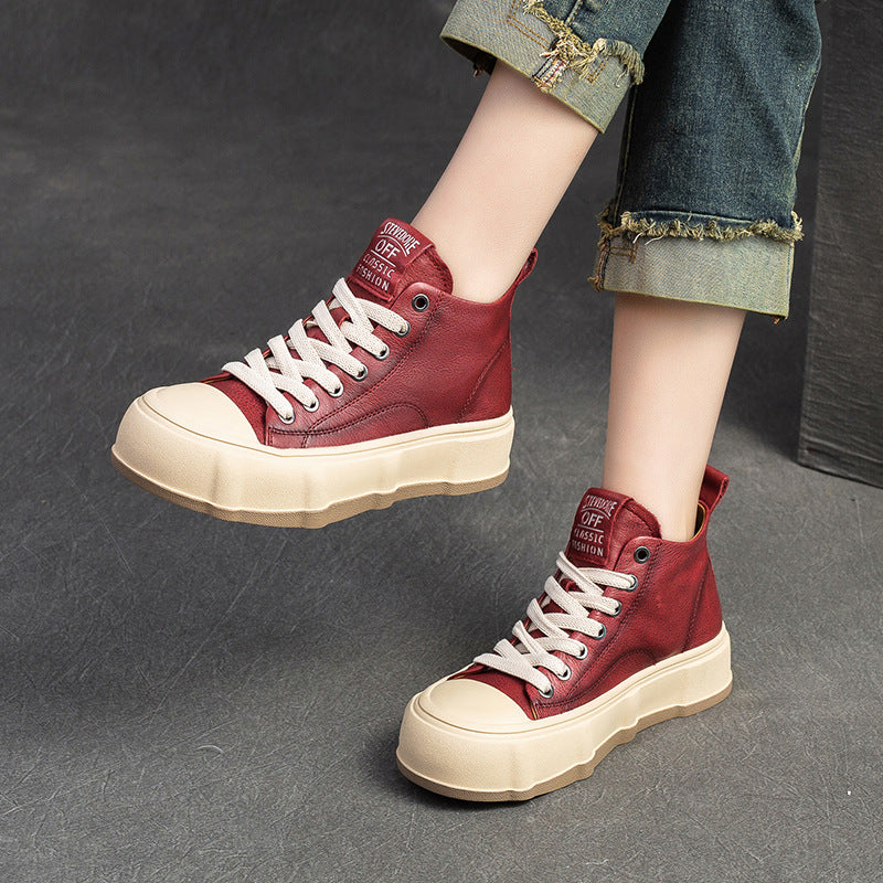 Women Fashion Cowhide Lace-up Casual Flat Ankle Boots-RAIIFY