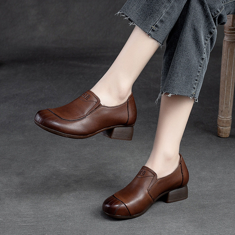 Women Retro Leather Chunky Heel Casual Shoes-RAIIFY