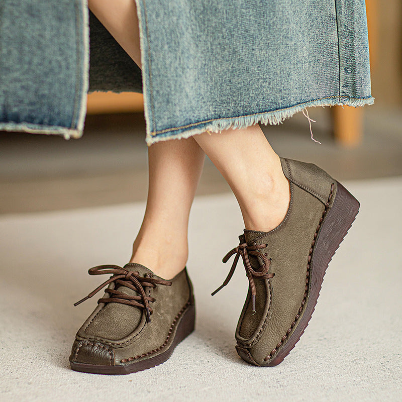 Women Retro Leather Square Head Low Wedge Shoes-RAIIFY