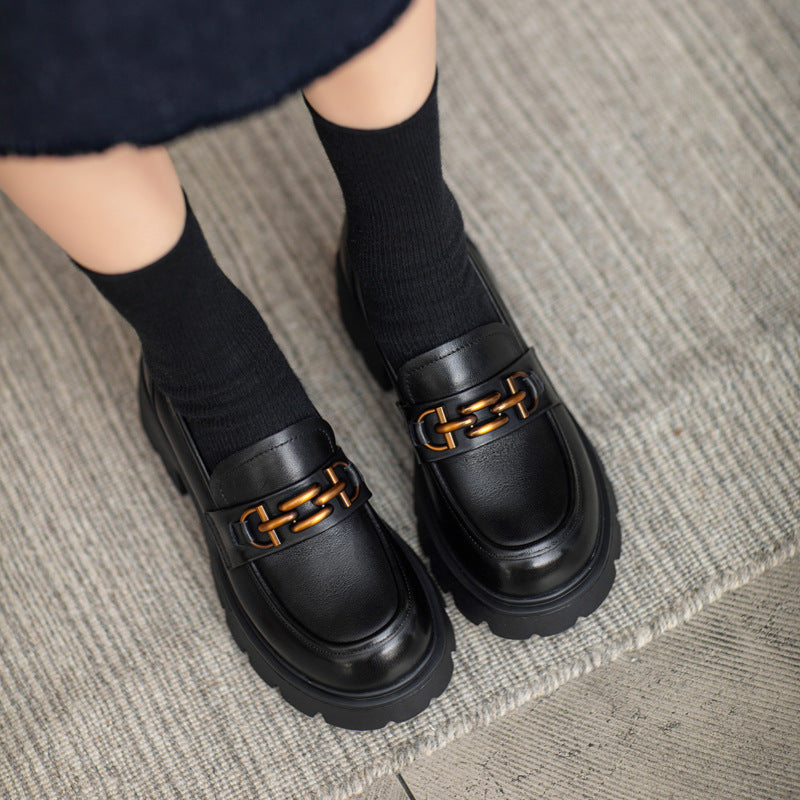 Women Retro Chain Leather Chunky Platform Loafers-RAIIFY