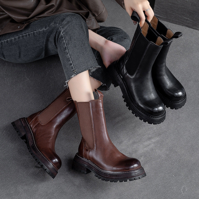 Women Retro Minimalist Leather Mid-Calf Boots-RAIIFY