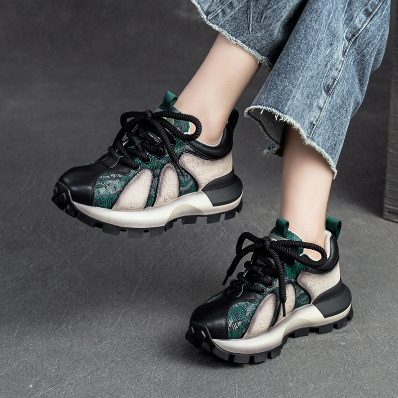 Women Fashion Color Matching Leather Lug Sole Casual Shoes-RAIIFY
