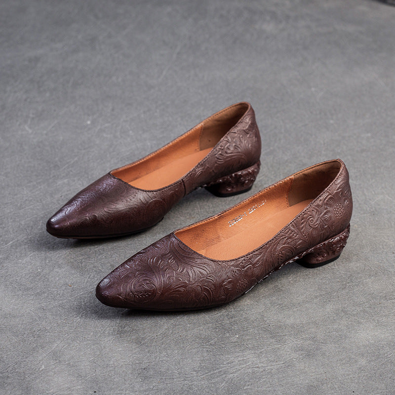 Women Retro Embossed Leather Chunky Heel Pumps Shoes-RAIIFY