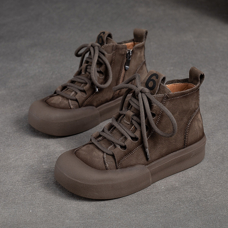 Women Retro Solid Leather Flat Casual Boots-RAIIFY
