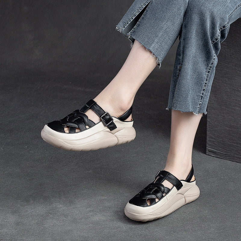 Women Summer Plaited Leather Thick Soled Sandals-RAIIFY
