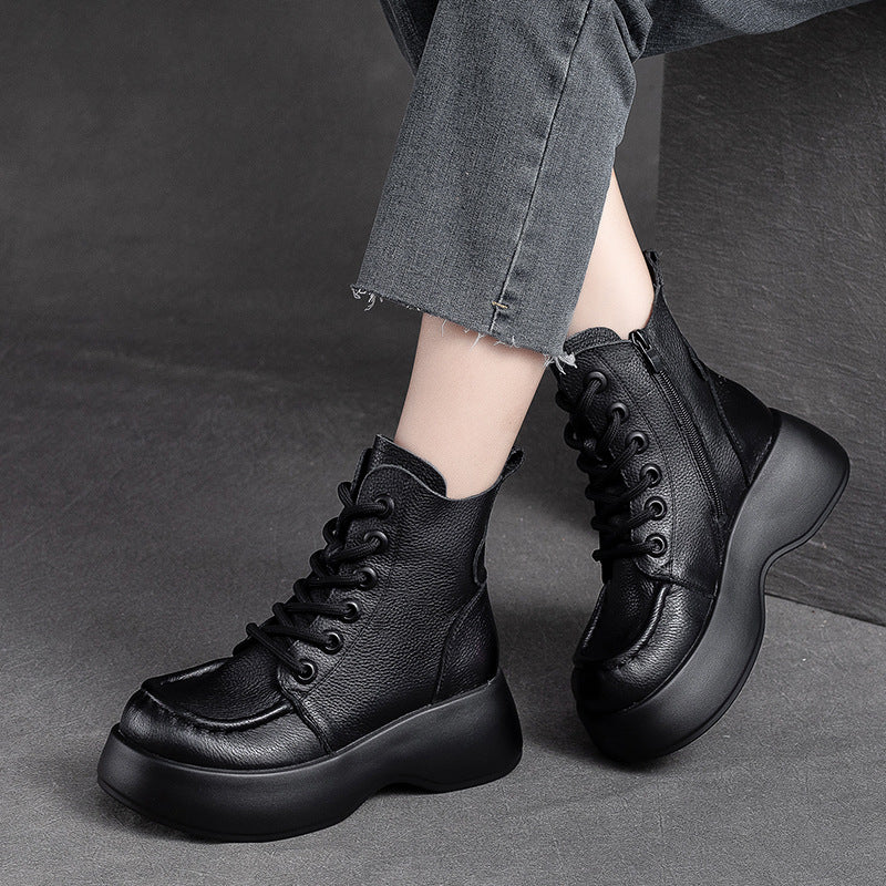 Women Retro Solid Leather Platform Boots-RAIIFY